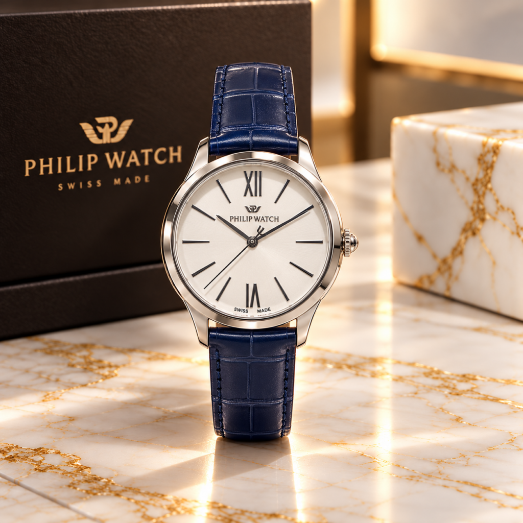 Philip Watch Lady donna con quadrante bianco madreperlato, cinturino in pelle blu e cassa 32 mm