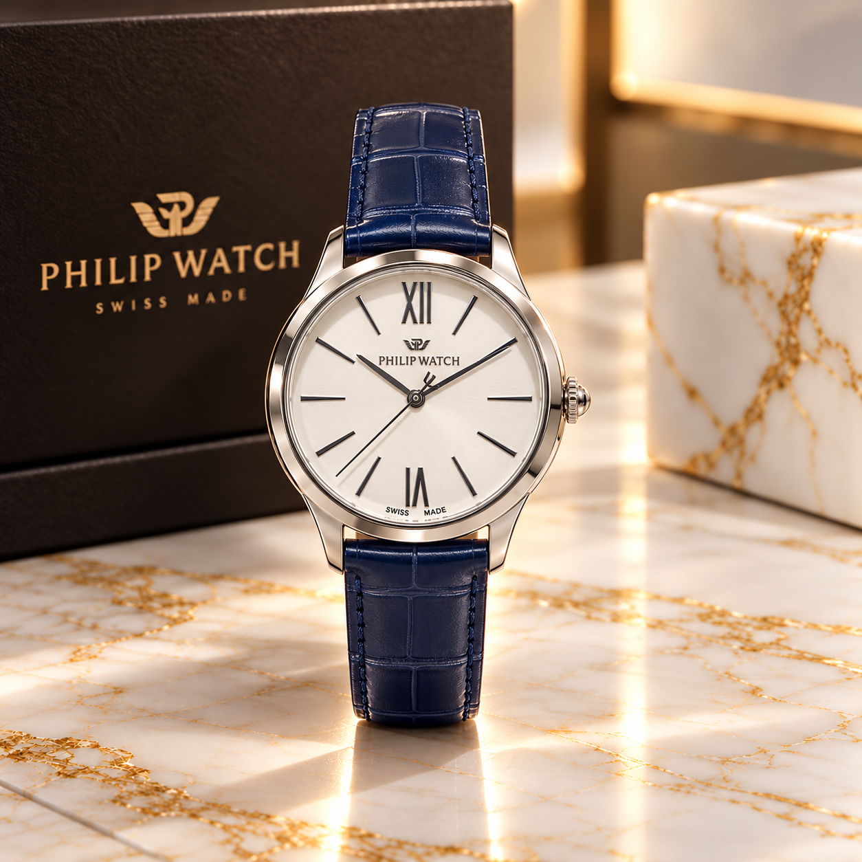Philip Watch Lady donna con quadrante bianco madreperlato, cinturino in pelle blu e cassa 32 mm
