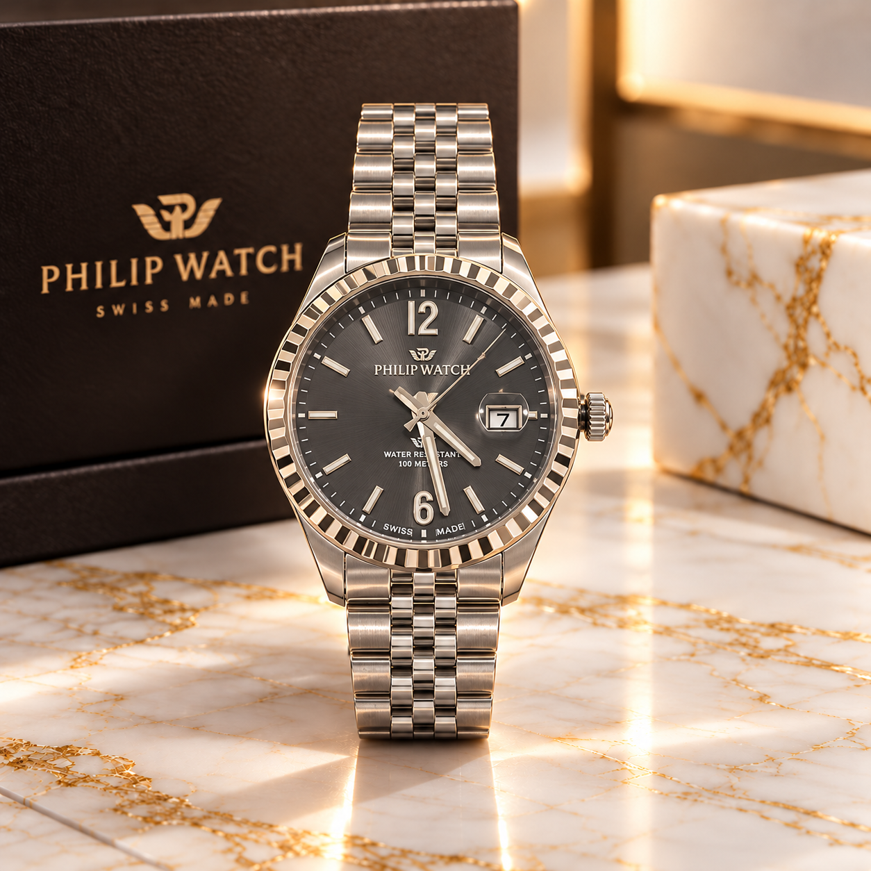 Philip Watch uomo in acciaio con quadrante grigio, ghiera zigrinata e cassa 41 mm