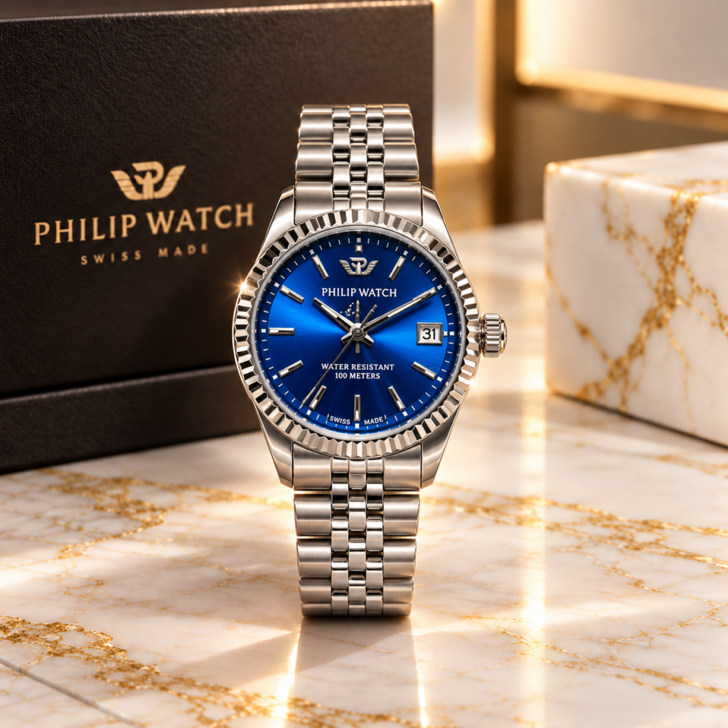 Philip Watch Lady donna in acciaio con quadrante blu, ghiera scanalata e cassa 31 mm