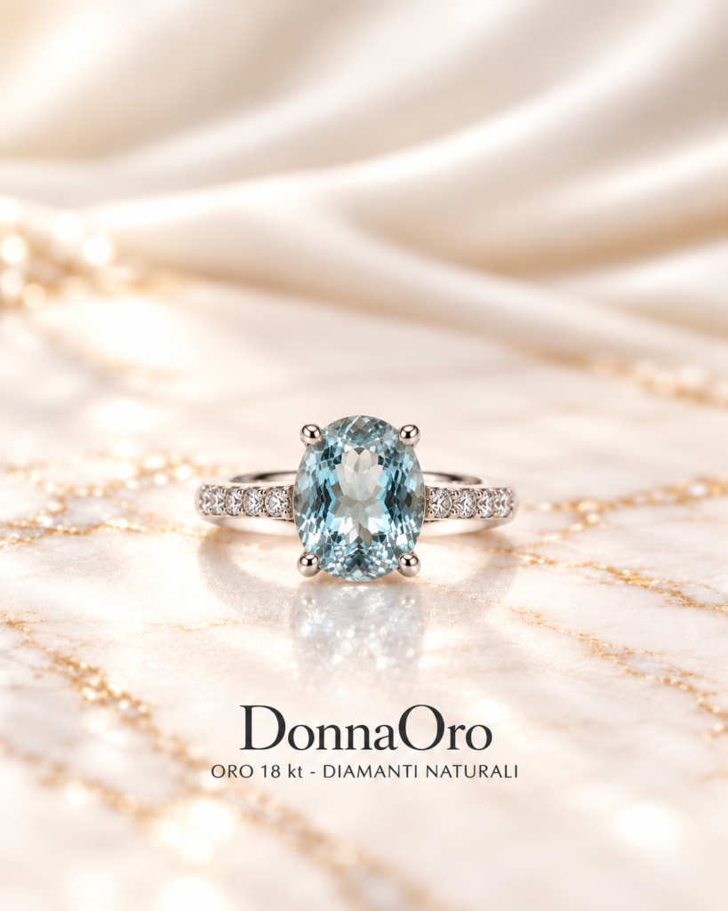 Anello DonnaOro in oro 18 kt con diamanti e acquamarina