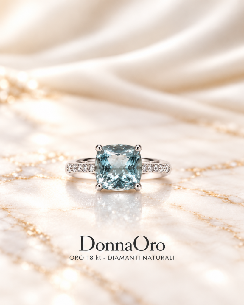 Anello DonnaOro in oro 18 kt con diamanti e acquamarina