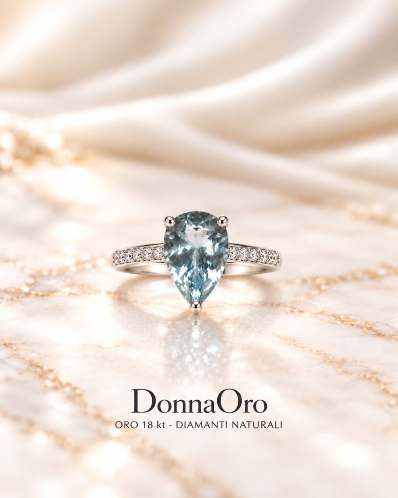 Anello DonnaOro in oro 18 kt con diamanti e acquamarina