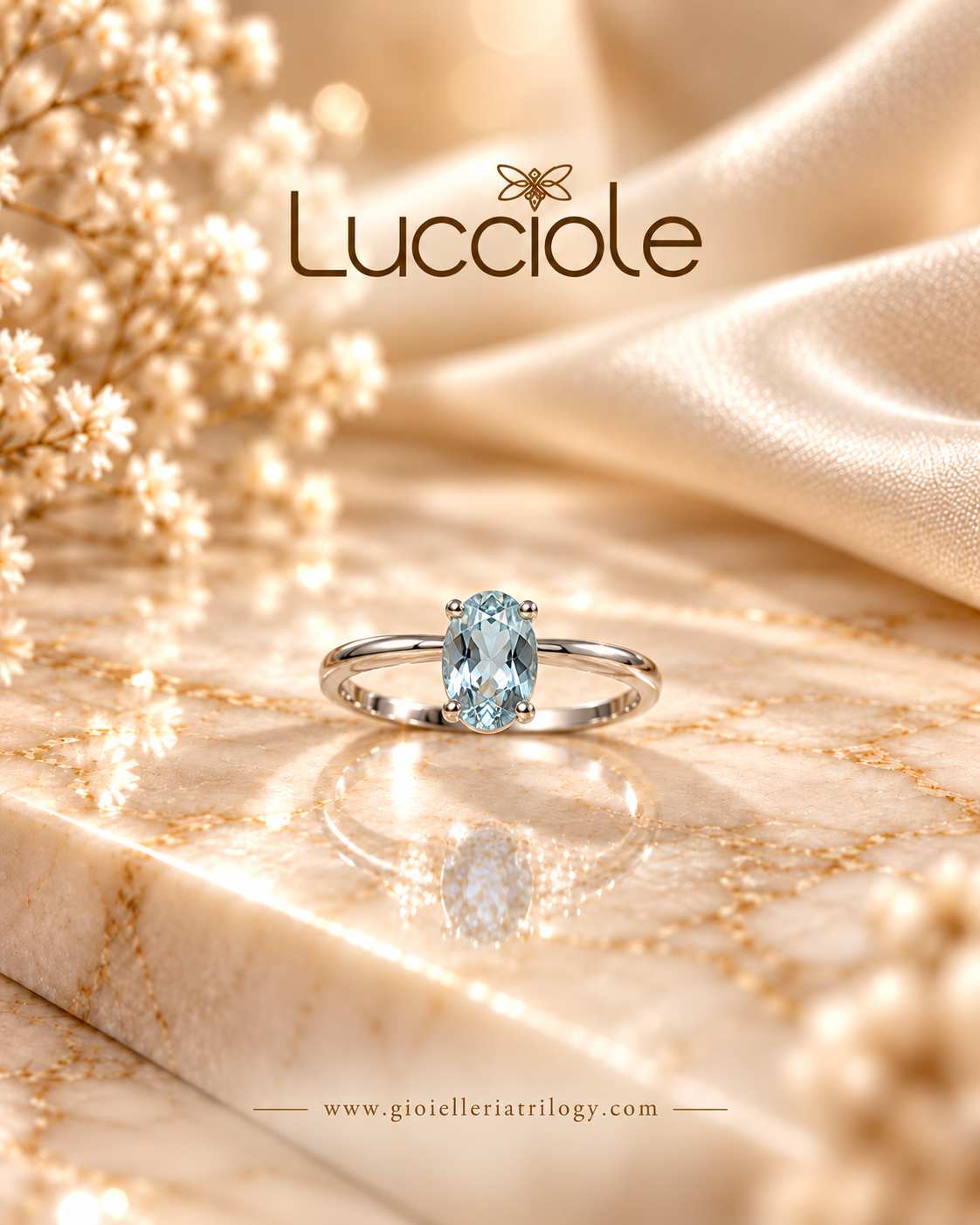 Anello lucciole in oro 18 kt con diamanti e acquamarina