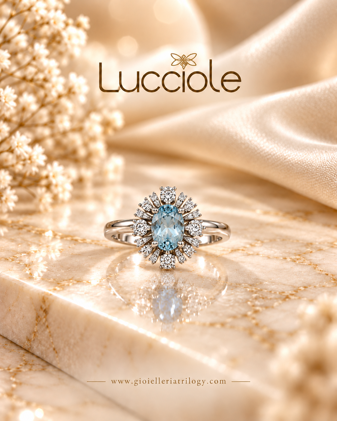 Anello lucciole in oro 18 kt con diamanti e acquamarina