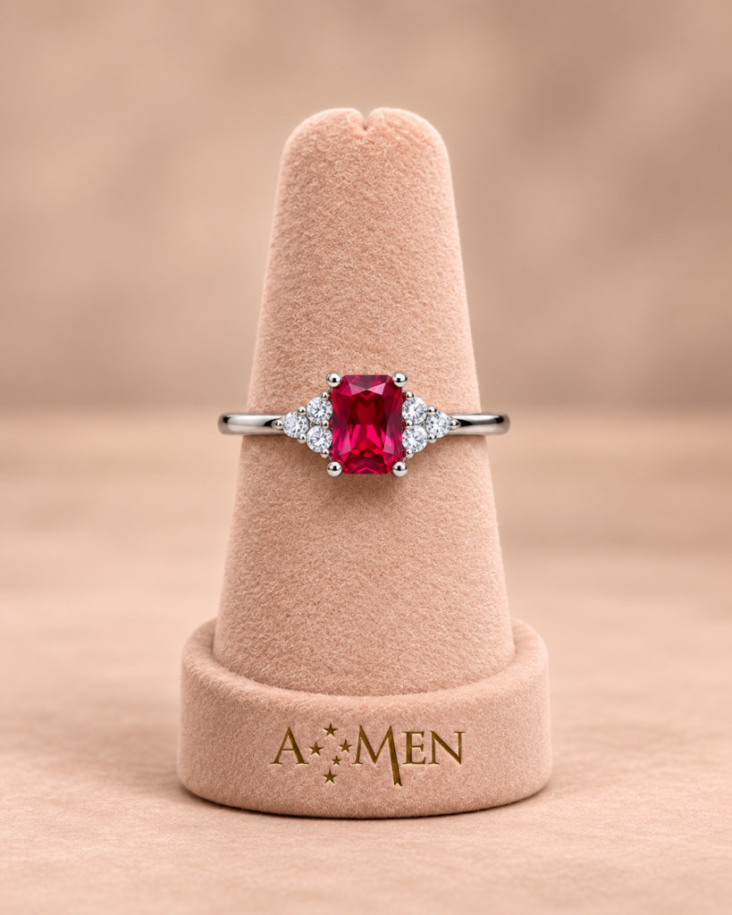 Anello A•MEN - Anello AMEN Princess con Zircone Rubino e Zirconi Bianchi