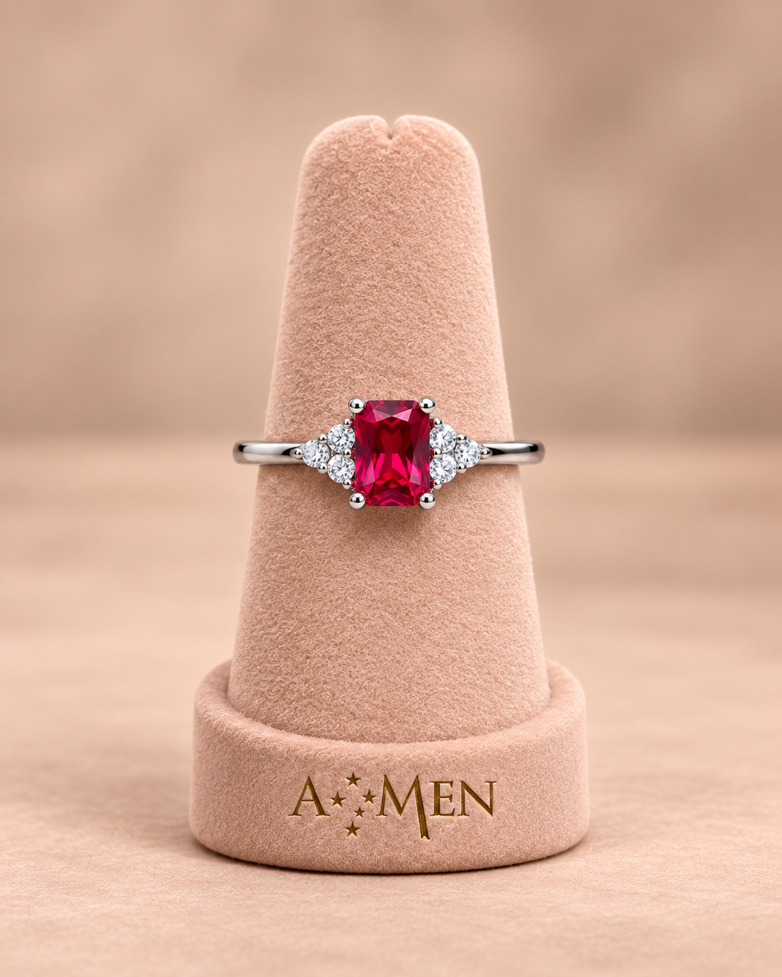 Anello A•MEN - Anello AMEN Princess con Zircone Rubino e Zirconi Bianchi
