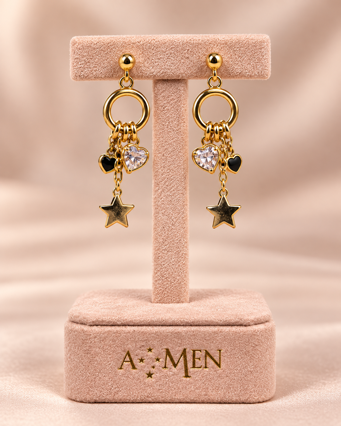 Orecchini A•MEN - Dorati con Charms Cuore e Stella