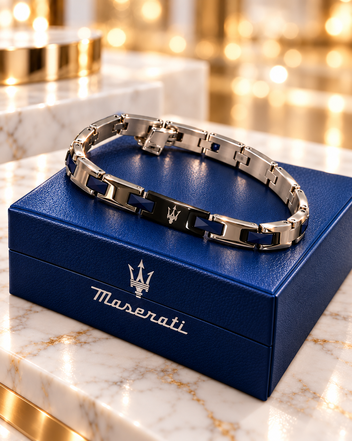 Bracciale Maserati silver e blu con Tridente centrale