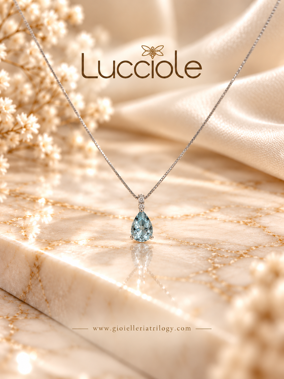 Collana Lucciole in oro 18 kt con diamanti e acquamarina