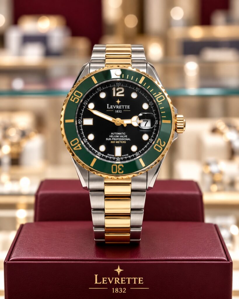 Levrette by Paul Picot levmaster sub 300 automatico acciaio e dorato con ghiera verde