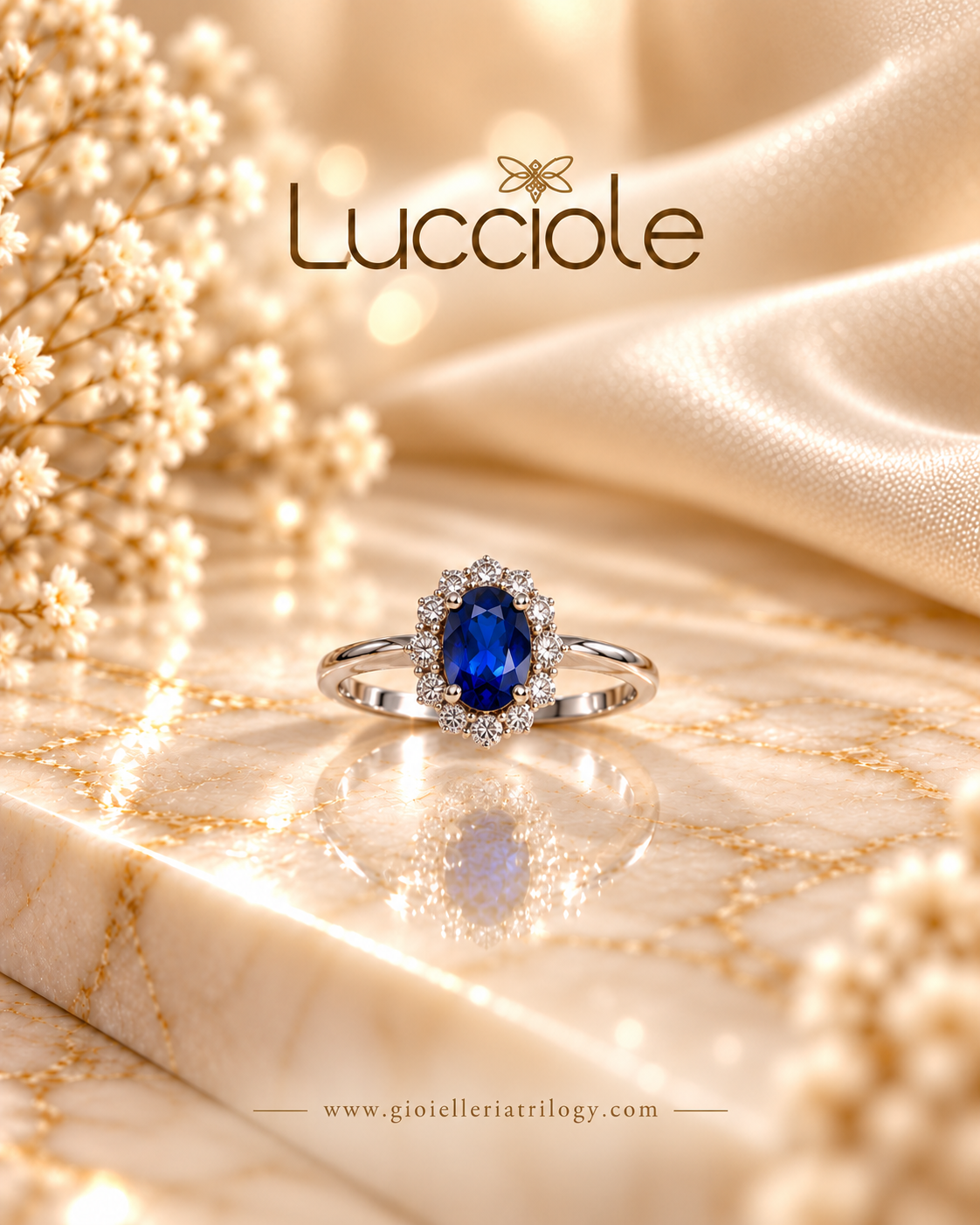 Anello lucciole in oro 18 kt con diamanti e zaffiro blu
