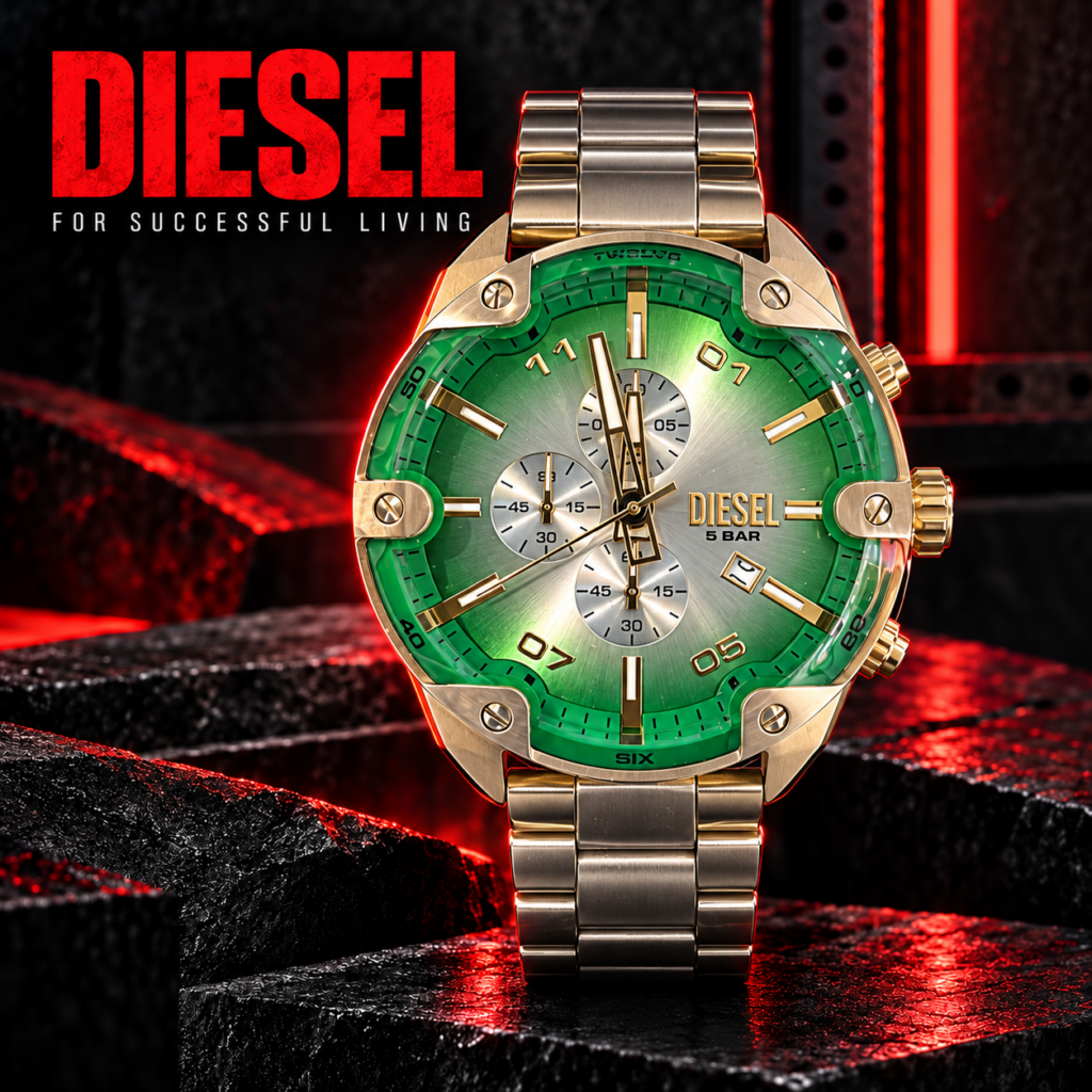 Orologio Diesel Uomo cronografo con quadrante verde e dettagli dorati