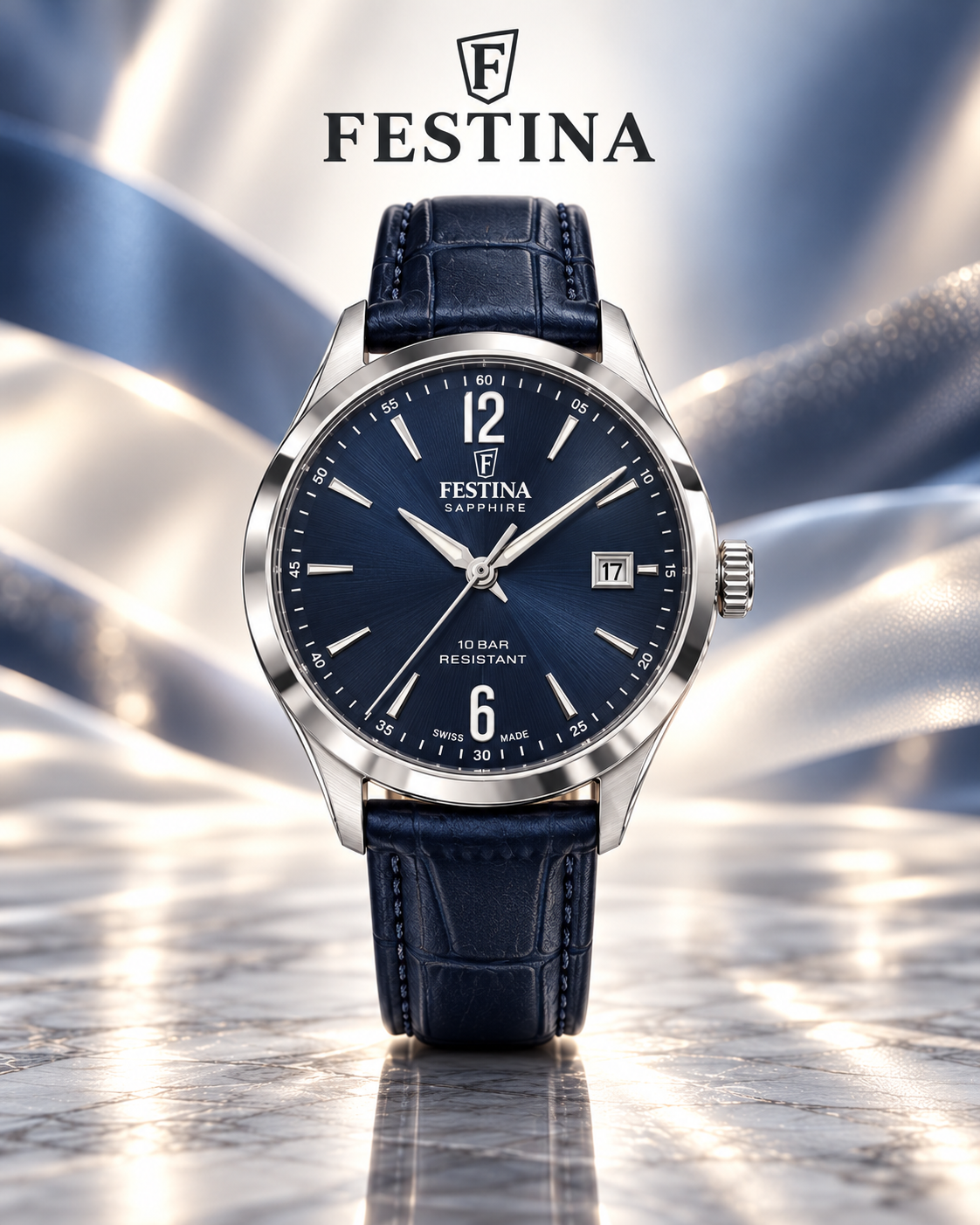 Orologio Festina con quadrante blu, cinturino in pelle blu e vetro zaffiro